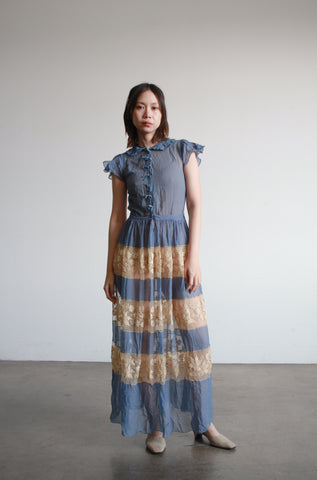 Antique Cerulean Silk Chiffon Lace Dress