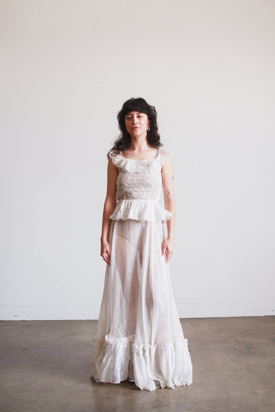 1930s White Cotton Batiste Ruffle Embroidered Blossom Dress