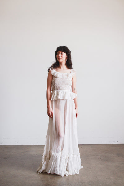 1930s White Cotton Batiste Ruffle Embroidered Blossom Dress