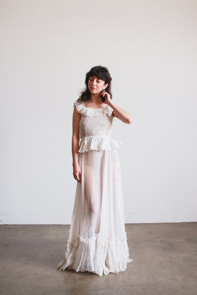 1930s White Cotton Batiste Ruffle Embroidered Blossom Dress