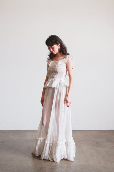 1930s White Cotton Batiste Ruffle Embroidered Blossom Dress