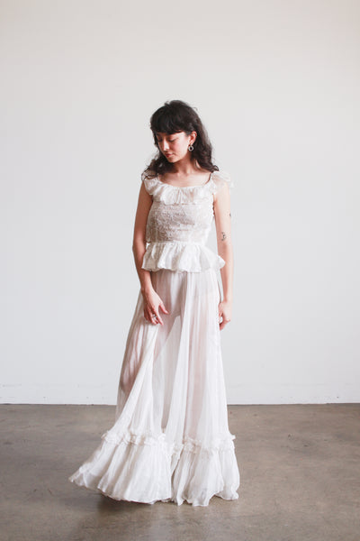 1930s White Cotton Batiste Ruffle Embroidered Blossom Dress