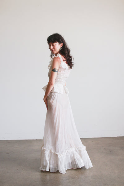 1930s White Cotton Batiste Ruffle Embroidered Blossom Dress