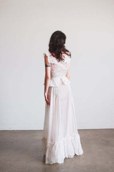 1930s White Cotton Batiste Ruffle Embroidered Blossom Dress