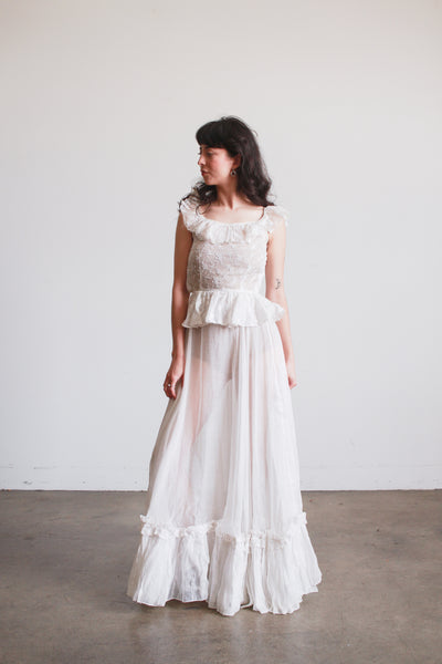 1930s White Cotton Batiste Ruffle Embroidered Blossom Dress