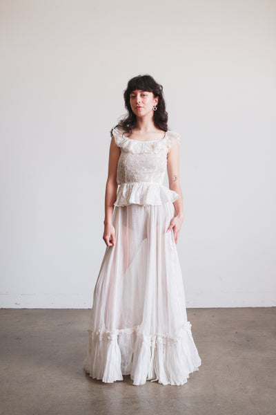 1930s White Cotton Batiste Ruffle Embroidered Blossom Dress