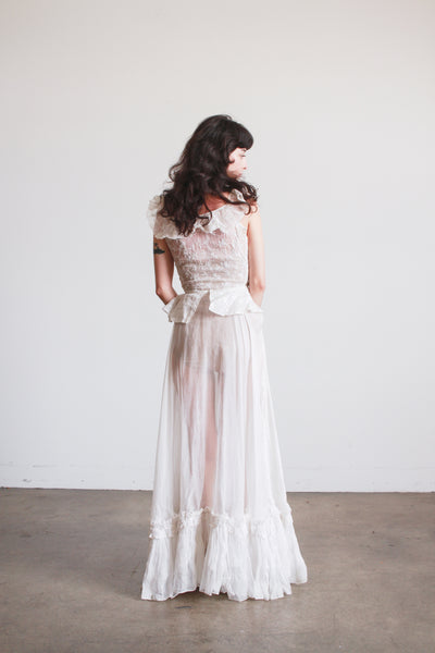 1930s White Cotton Batiste Ruffle Embroidered Blossom Dress