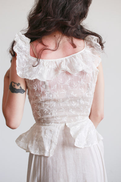 1930s White Cotton Batiste Ruffle Embroidered Blossom Dress