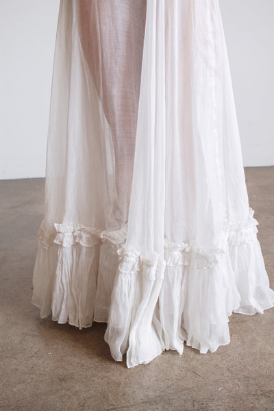 1930s White Cotton Batiste Ruffle Embroidered Blossom Dress