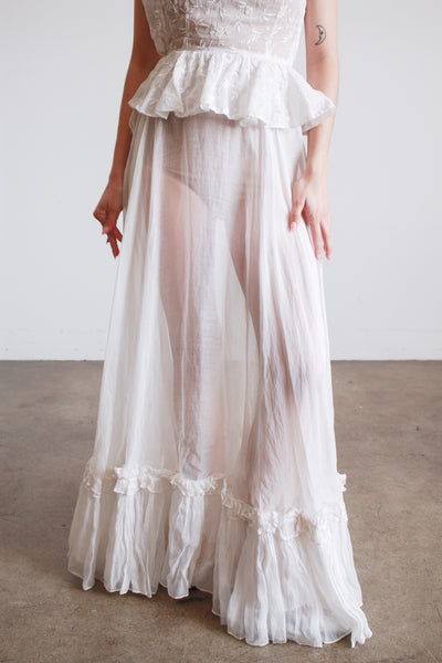 1930s White Cotton Batiste Ruffle Embroidered Blossom Dress