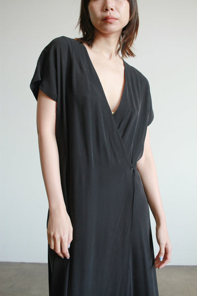 1990s Calvin Klein Black Silk Wrap Dress