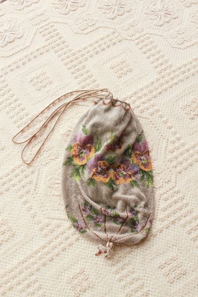 Antique Victorian Floral Motif Glass Bead Satchel Bag