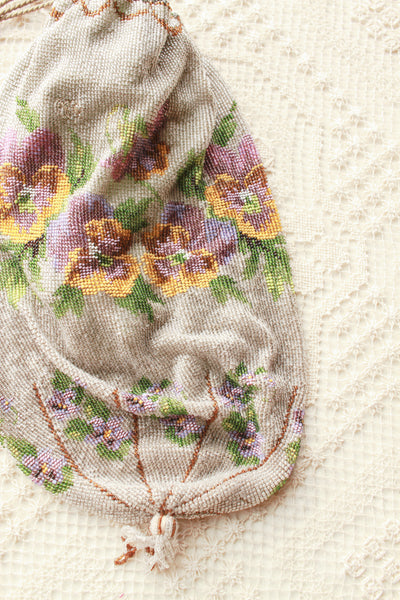 Antique Victorian Floral Motif Glass Bead Satchel Bag