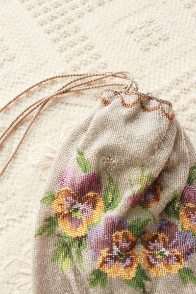 Antique Victorian Floral Motif Glass Bead Satchel Bag
