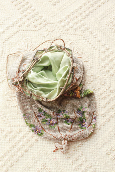 Antique Victorian Floral Motif Glass Bead Satchel Bag