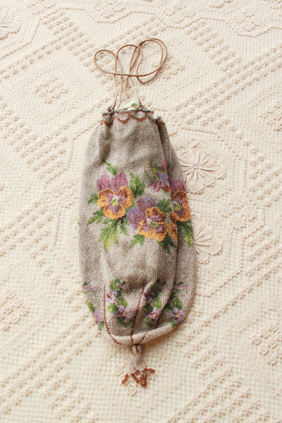 Antique Victorian Floral Motif Glass Bead Satchel Bag