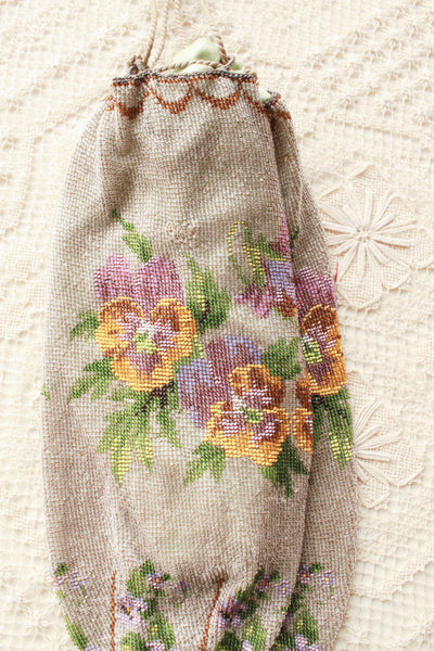 Antique Victorian Floral Motif Glass Bead Satchel Bag