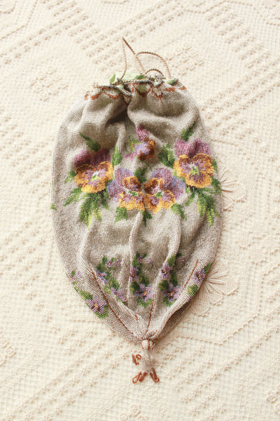 Antique Victorian Floral Motif Glass Bead Satchel Bag