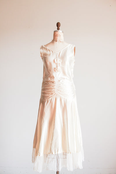1920s Ivory Liquid Satin Ruched Dropwaist Dress