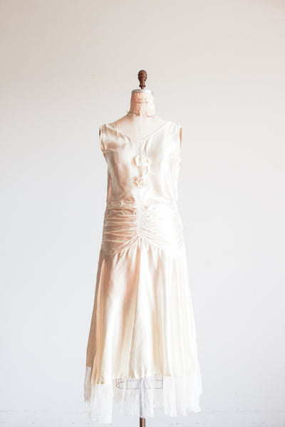 1920s Ivory Liquid Satin Ruched Dropwaist Dress
