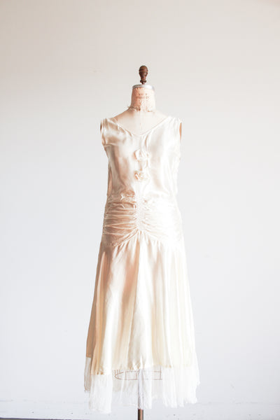1920s Ivory Liquid Satin Ruched Dropwaist Dress
