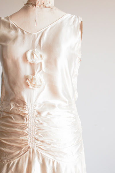 1920s Ivory Liquid Satin Ruched Dropwaist Dress