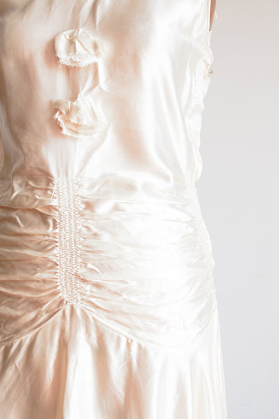 1920s Ivory Liquid Satin Ruched Dropwaist Dress