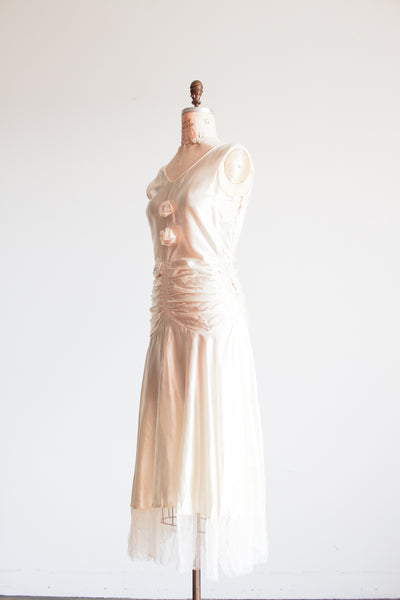 1920s Ivory Liquid Satin Ruched Dropwaist Dress