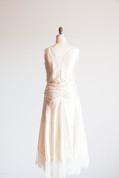 1920s Ivory Liquid Satin Ruched Dropwaist Dress