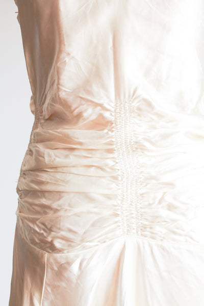 1920s Ivory Liquid Satin Ruched Dropwaist Dress