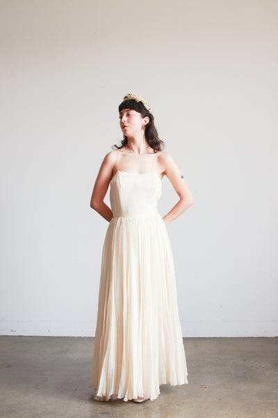 1950s Champagne Silk Chiffon Pleated Dress
