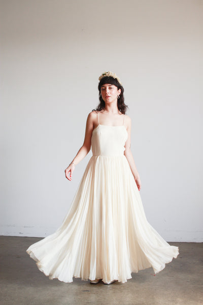 1950s Champagne Silk Chiffon Pleated Dress