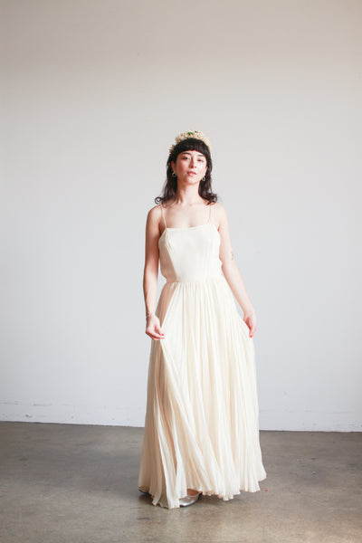 1950s Champagne Silk Chiffon Pleated Dress