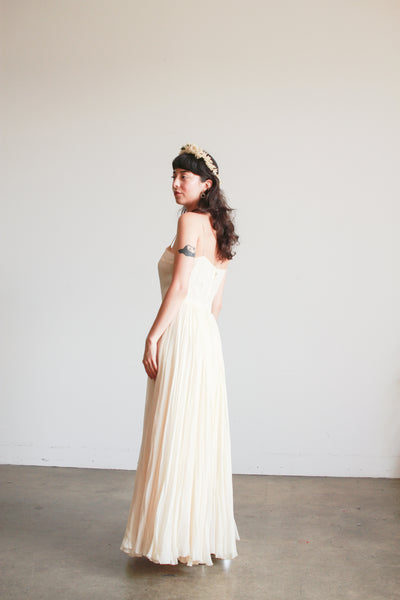 1950s Champagne Silk Chiffon Pleated Dress