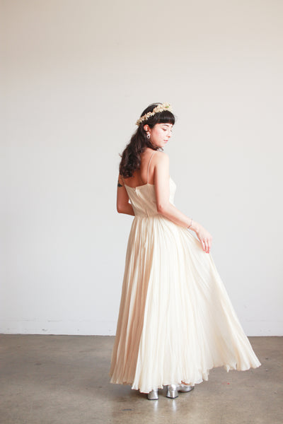 1950s Champagne Silk Chiffon Pleated Dress