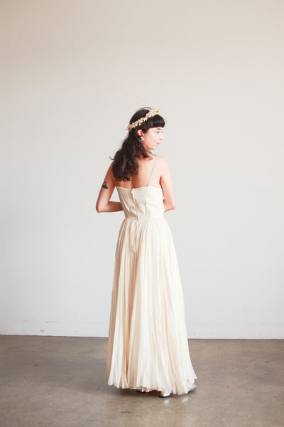1950s Champagne Silk Chiffon Pleated Dress