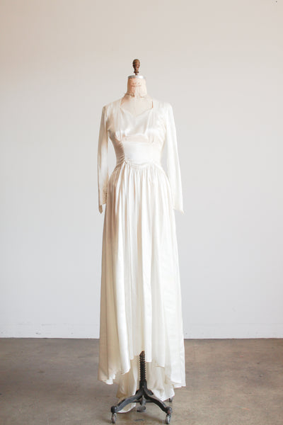 1940s Pearl White Satin Long Sleeve Gown