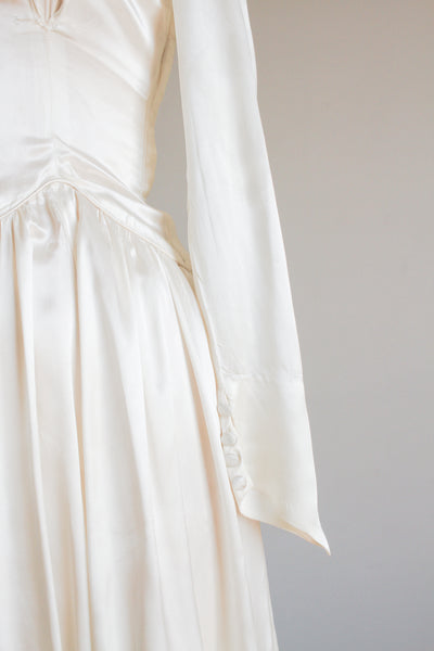 1940s Pearl White Satin Long Sleeve Gown