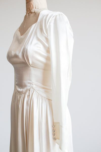 1940s Pearl White Satin Long Sleeve Gown