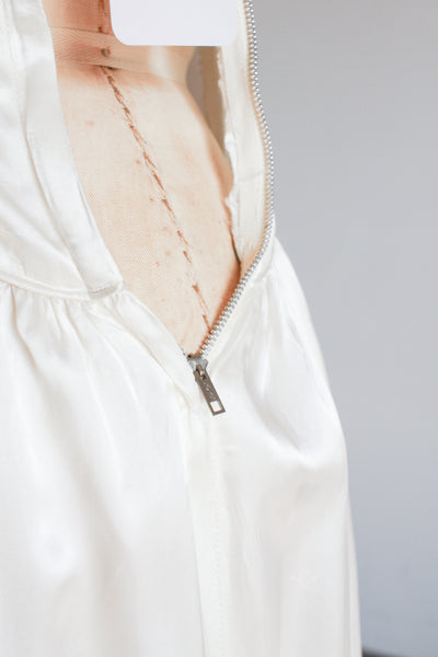 1940s Pearl White Satin Long Sleeve Gown