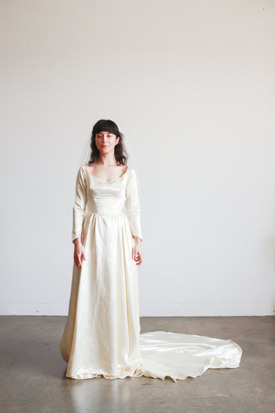 1950s Ivory Silk Satin Basque Waist Gown