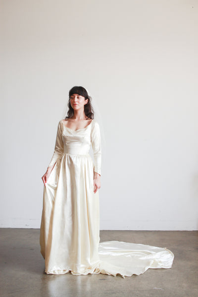 1950s Ivory Silk Satin Basque Waist Gown