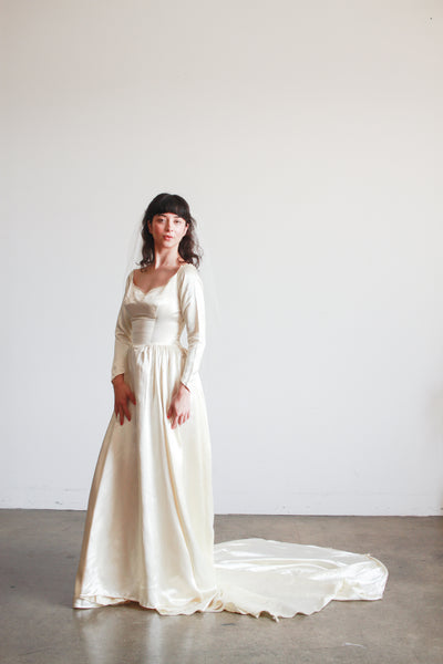 1950s Ivory Silk Satin Basque Waist Gown