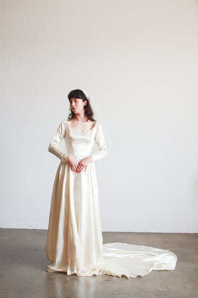 1950s Ivory Silk Satin Basque Waist Gown