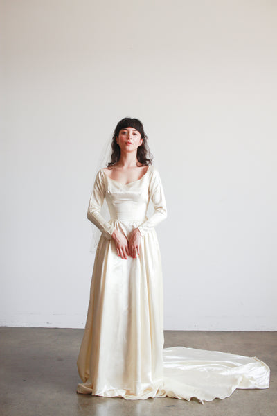 1950s Ivory Silk Satin Basque Waist Gown