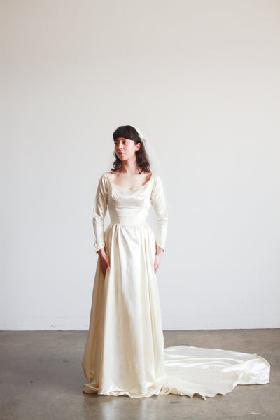 1950s Ivory Silk Satin Basque Waist Gown