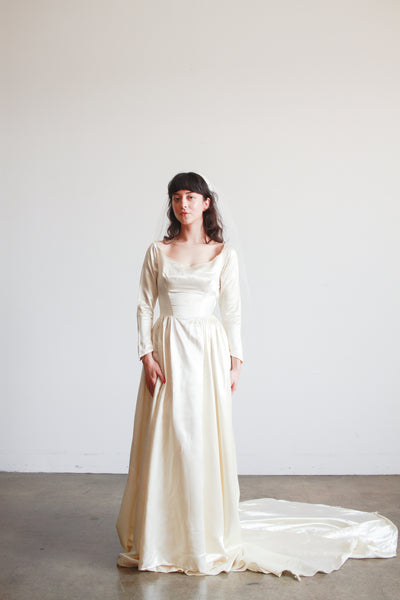 1950s Ivory Silk Satin Basque Waist Gown