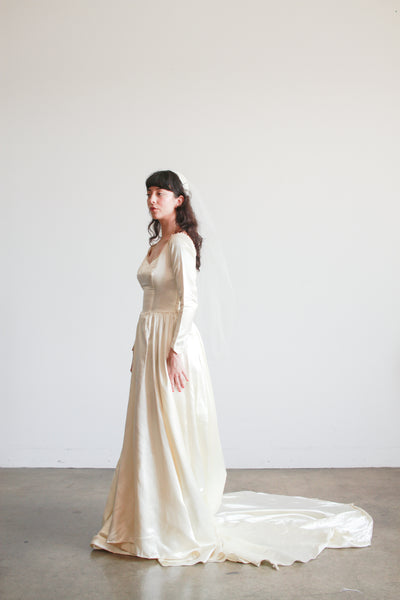 1950s Ivory Silk Satin Basque Waist Gown
