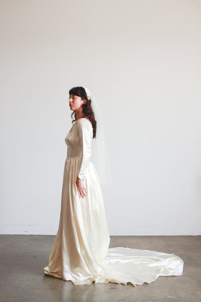 1950s Ivory Silk Satin Basque Waist Gown