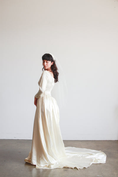 1950s Ivory Silk Satin Basque Waist Gown